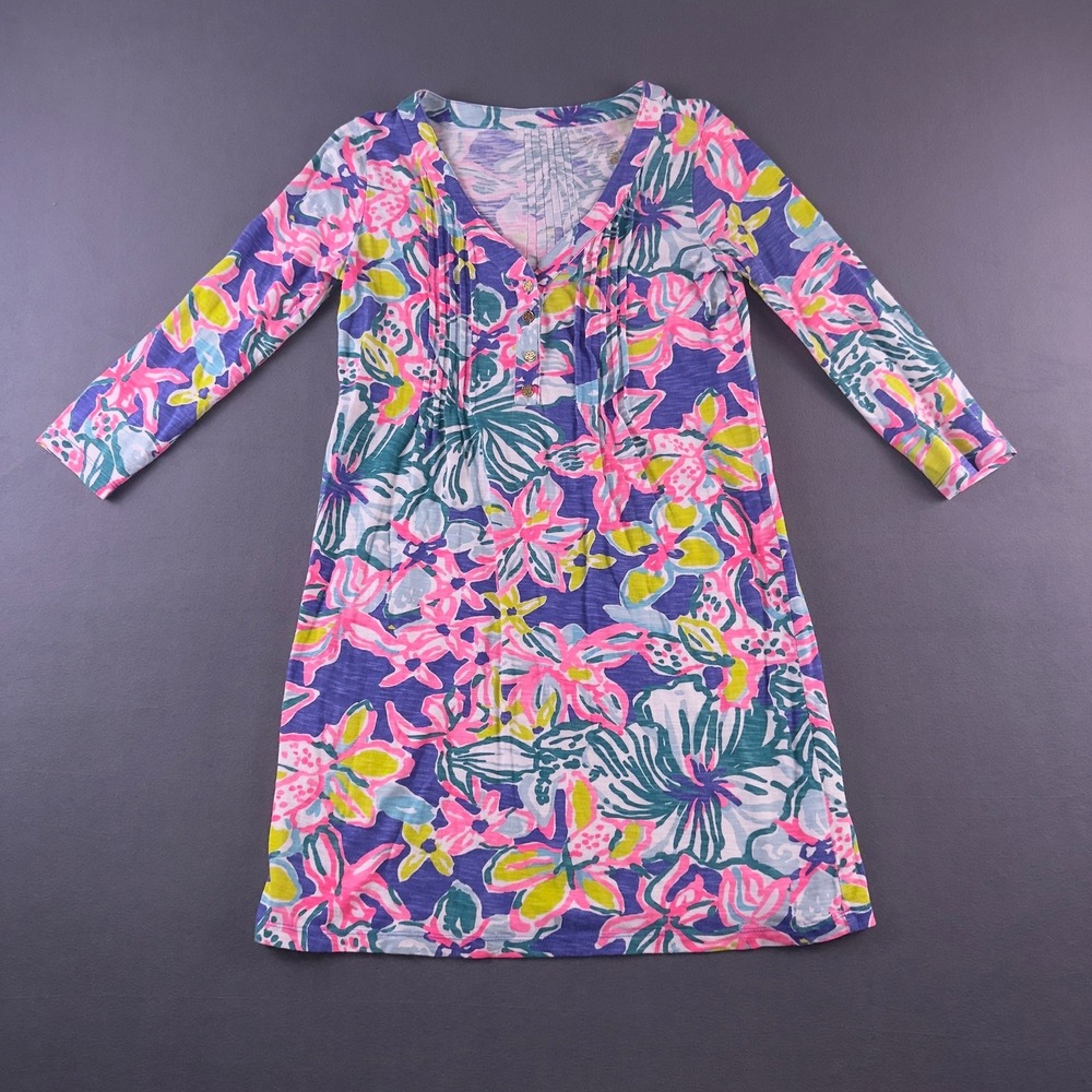 Lilly Pulitzer XS Pink Blue Floral Pintuck Cotton Modal Slub Jersey‎ Shift Dress